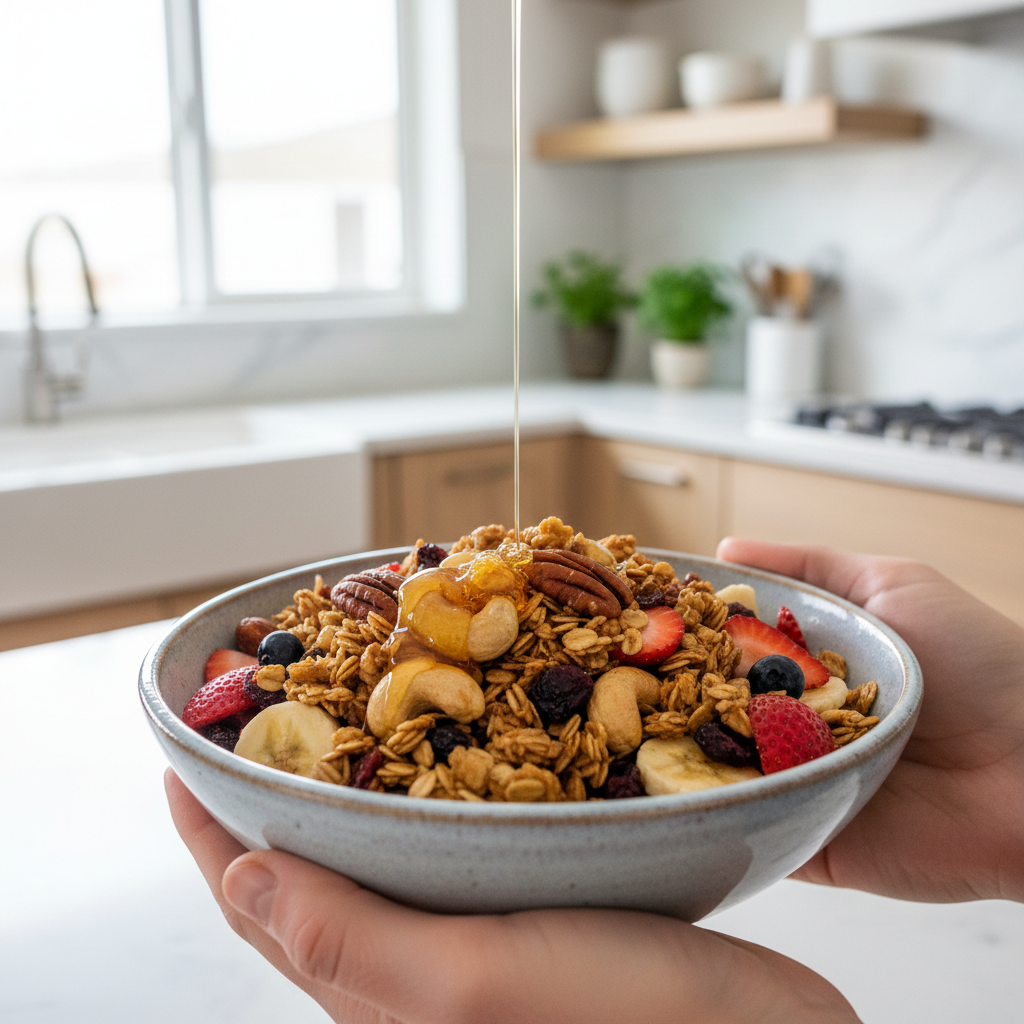 Rankos laikančios dubenį su granola ir medumi